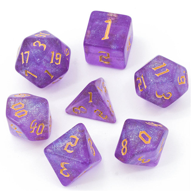Purple Glitter Party Glitter Dice (Gold font) 7-Dice Set RPG DND