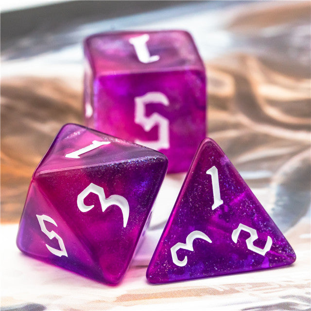Purple + Red Glitter Party Dice (White font) 7-Dice Set RPG DND