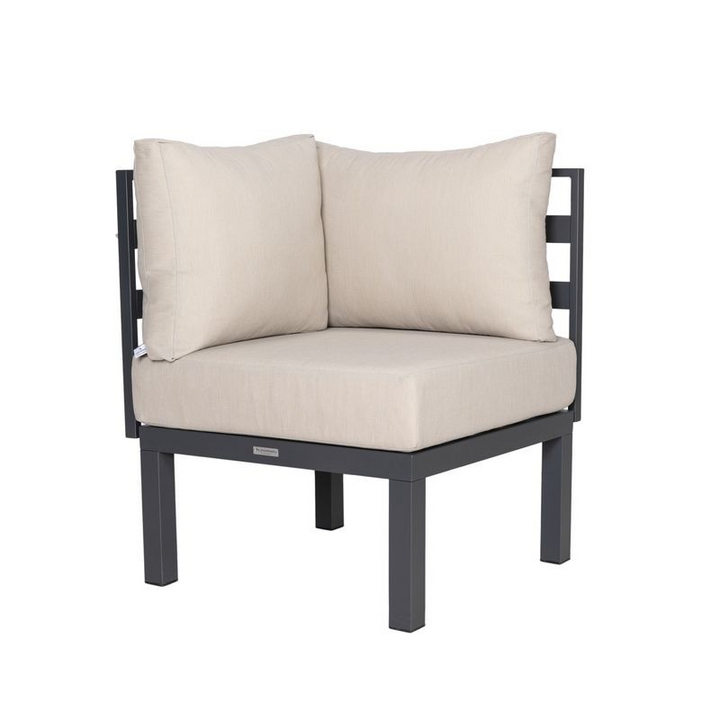 LeisureMod Chelsea 7-Piece Patio Sectional and Coffee Table Set Black Aluminum with Cushions Beige Corner Chair.