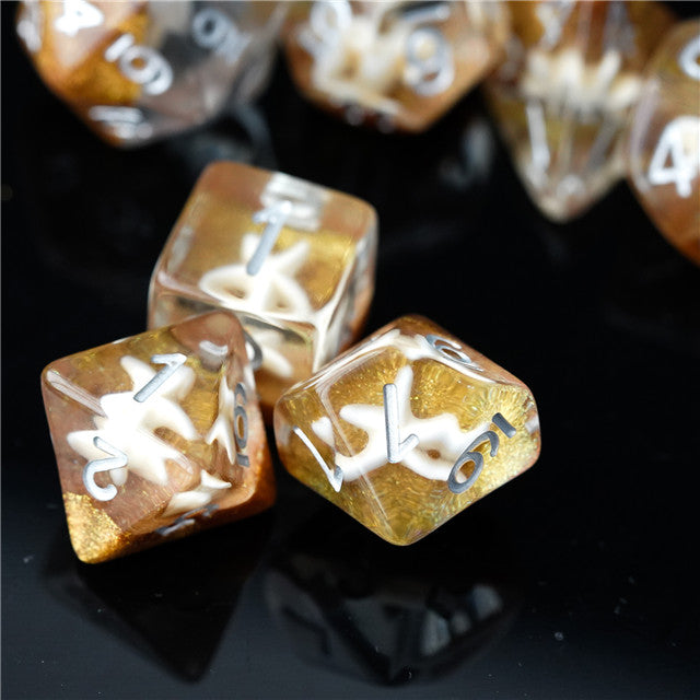 White Starfish Dice on Gold 7-Dice Set Resin Dungeons and Dragons Dice