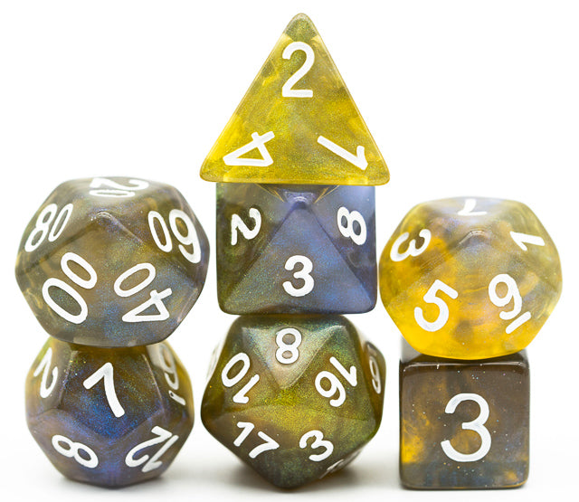 Yellow & Blue w/white Galaxy Glitter 7-Dice Set RPG