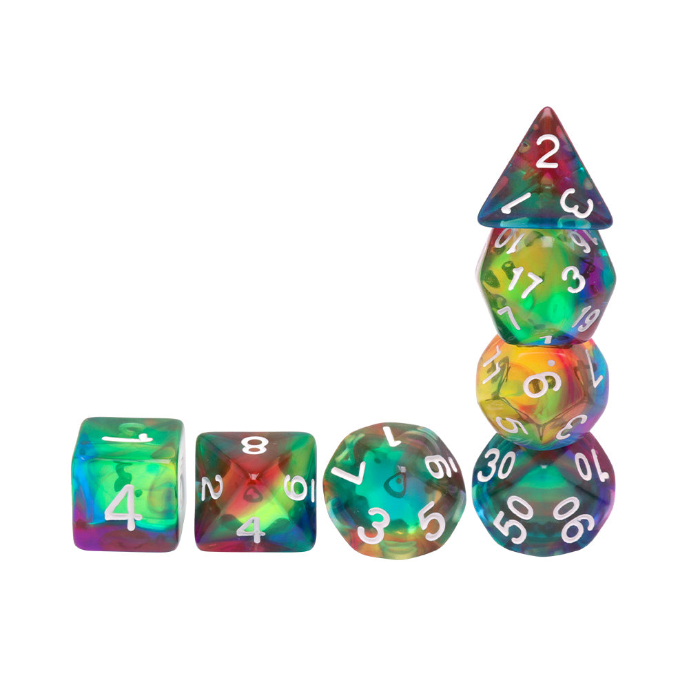Colorful Wind 7-Dice Set Green/Mix w/White Numbers Stained Glass Dnd Dice Set