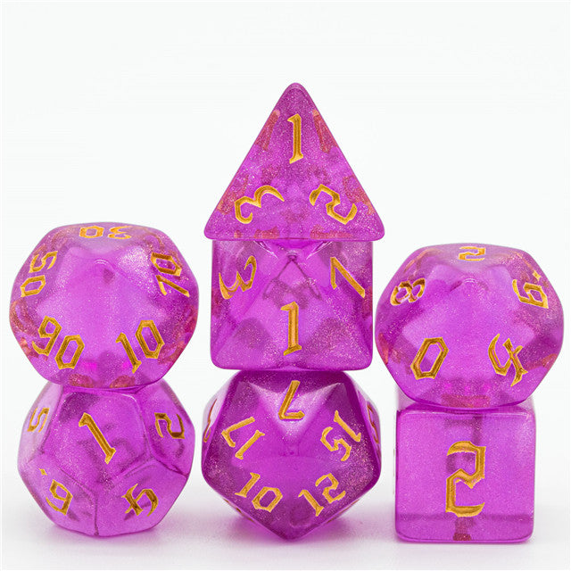 Violet Glitter Party Glitter Dice (Gold font) 7-Dice Set RPG DND