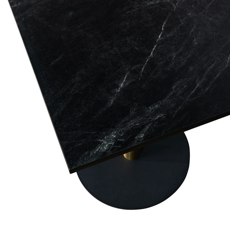 LeisureMod Vail Collection Dining Table Black/Gold Base With 24" Square Black MDF Top Closeup.