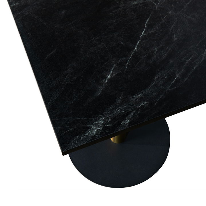 LeisureMod Vail Collection Dining Table Black/Gold Base With 24" Square Black MDF Top Closeup.