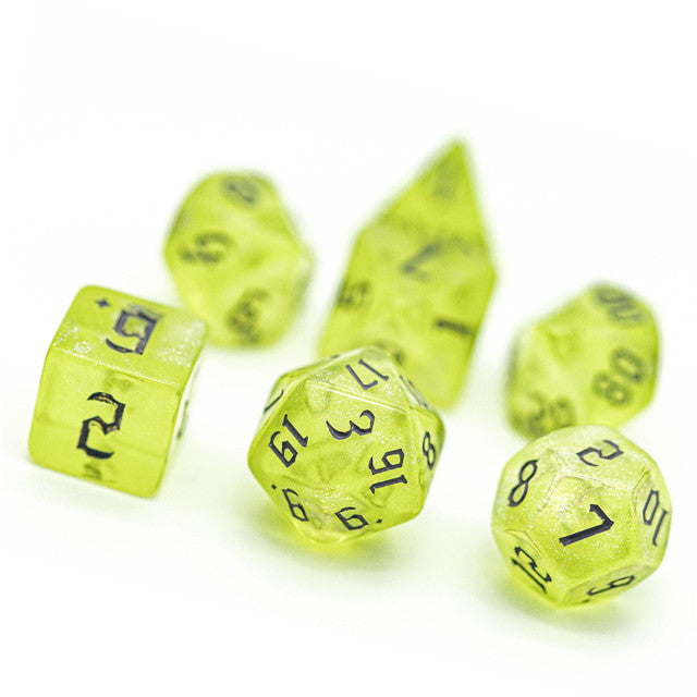 Yellow Glitter Party Glitter Dice (Silver font) 7-Dice Set RPG DND
