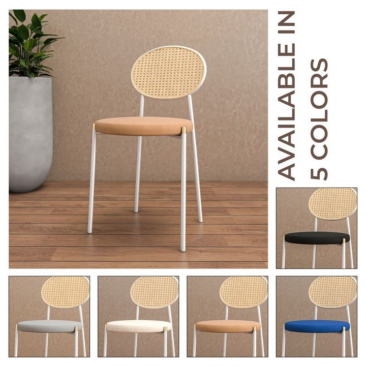 Chair with wicker backrest and wooden seat on a wooden floor, with color options displayed.