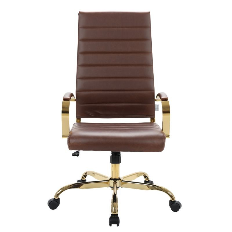 LeisureMod Benmar High-Back Leather Office Chair with Gold Frame Brown Front View.