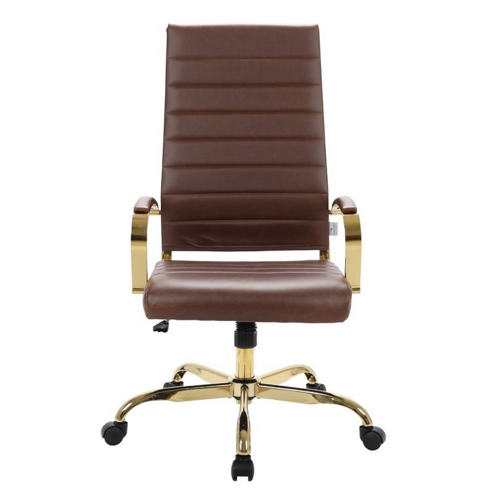 LeisureMod Benmar High-Back Leather Office Chair with Gold Frame Brown Front View.