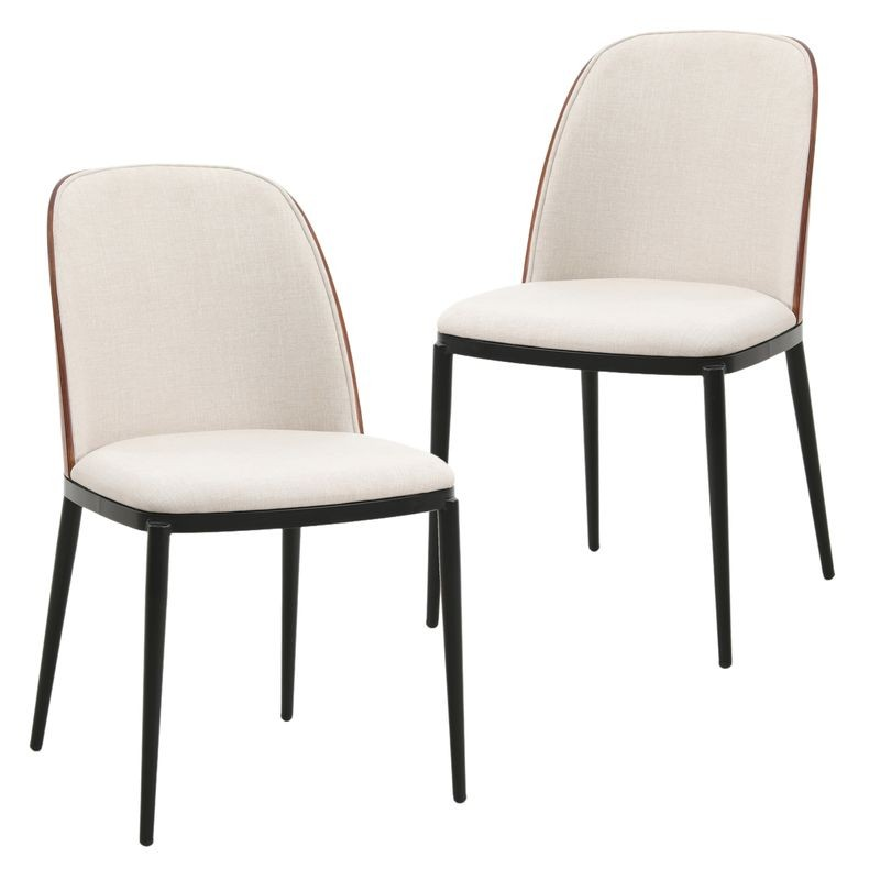LeisureMod Tule Mid-Century Modern Dining Side Chair with Velvet Seat and Steel Frame Set of 2 Walnut Beige