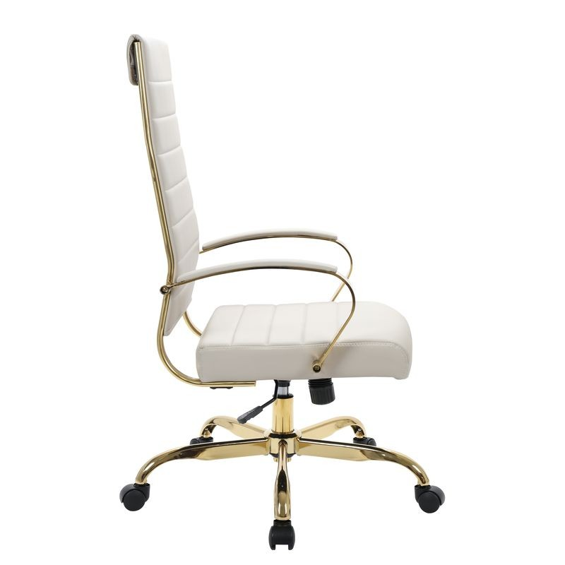 LeisureMod Benmar High-Back Leather Office Chair with Gold Frame Tan Side View.
