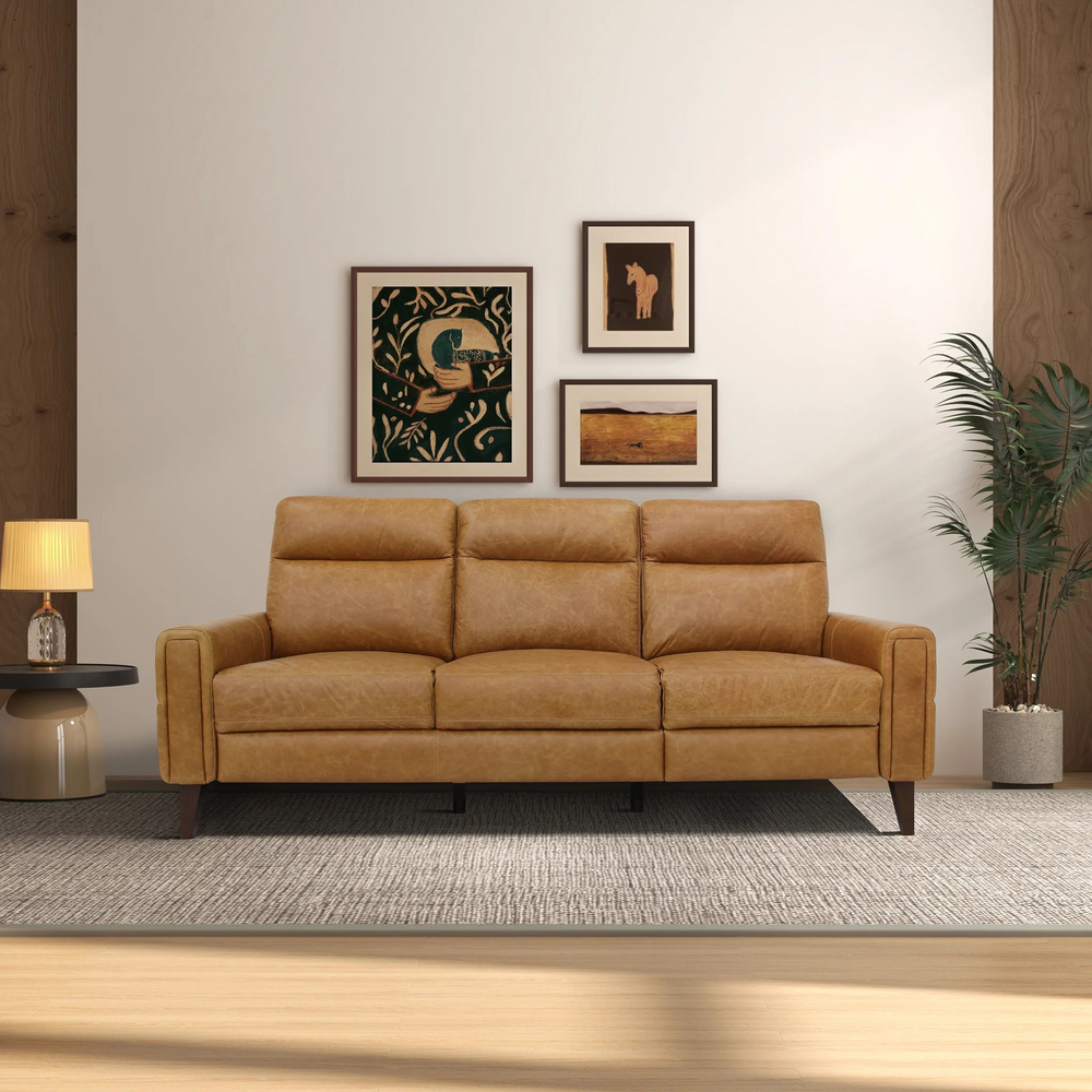 Elliot Incliner Sofa Left Waxy Tan Leather Front View.