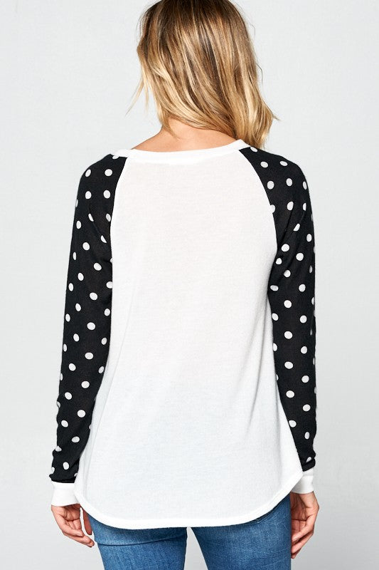 Polka Dot Solid Mixed Long Sleeve Round Neck Top