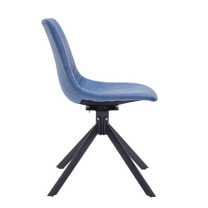 LeisureMod Markley Modern Leather Swivel Dining Chair With Metal Legs in Blue with Background Side View.