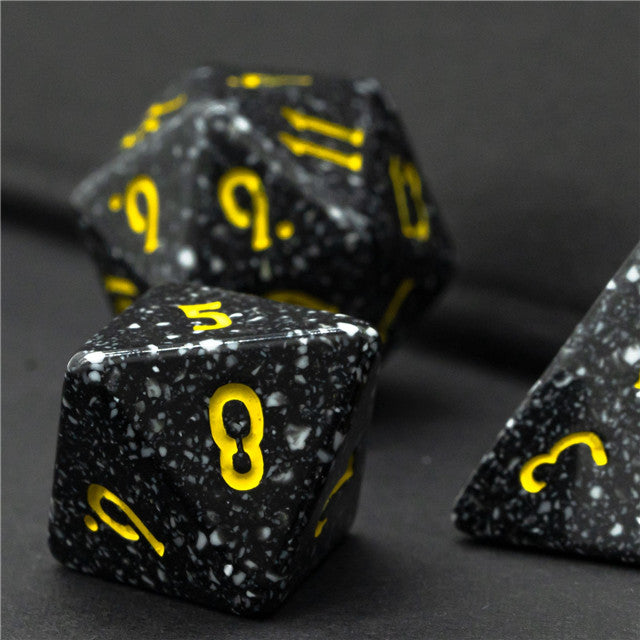 Freckled Black-&-White Homage 7-Dice Set w/Yellow Numbers Minimalist