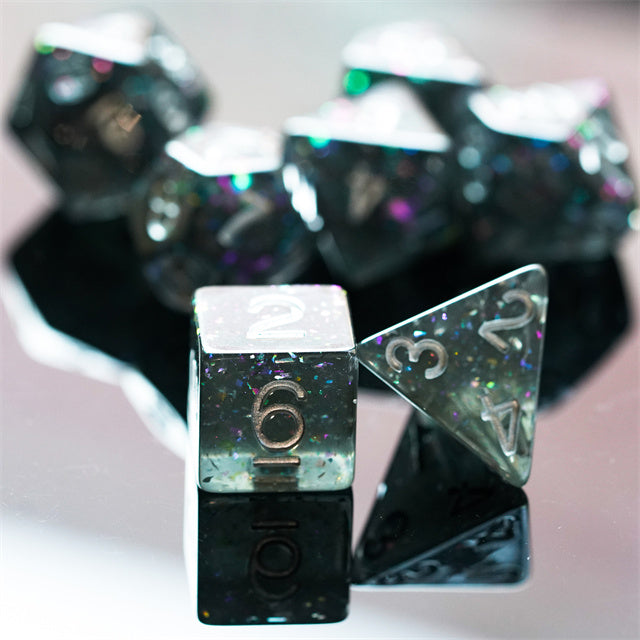 Black Cloud Brocade Powder 7-Dice Dnd Dice | Glitter w/Silver Numbers Set