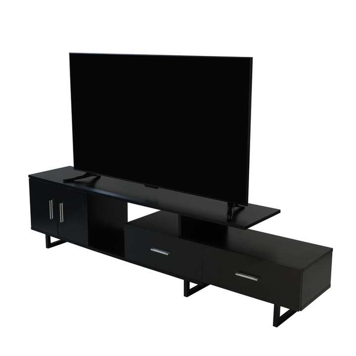 LeisureMod Avery Mid-Century Modern TV Stand with MDF Cabinet and Powder Coated Steel Legs Ebony Angled View.