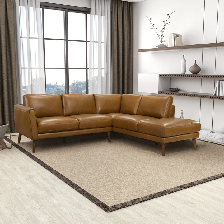 Benson Tan Leather Sectional Sofa Right Facing Chaise Photo.