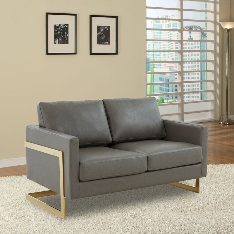 LeisureMod Lincoln Modern Mid-Century Upholstered PU Leather Loveseat with Gold Frame Grey with Background.