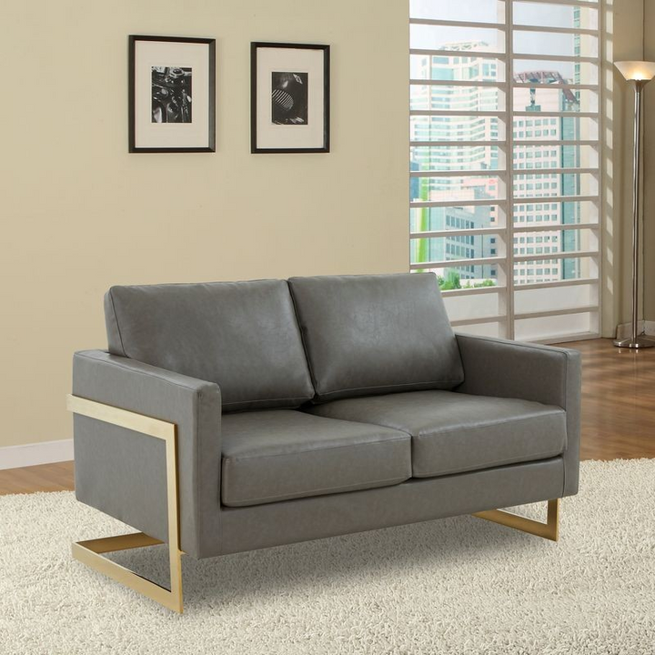 LeisureMod Lincoln Modern Mid-Century Upholstered PU Leather Loveseat with Gold Frame Grey with Background.