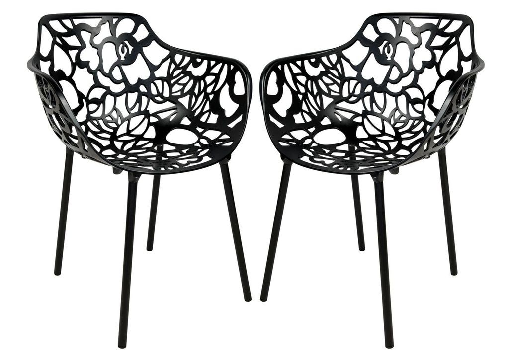 Two black floral-patterned chairs on a white background.