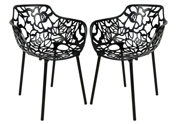 Two black floral-patterned chairs on a white background.