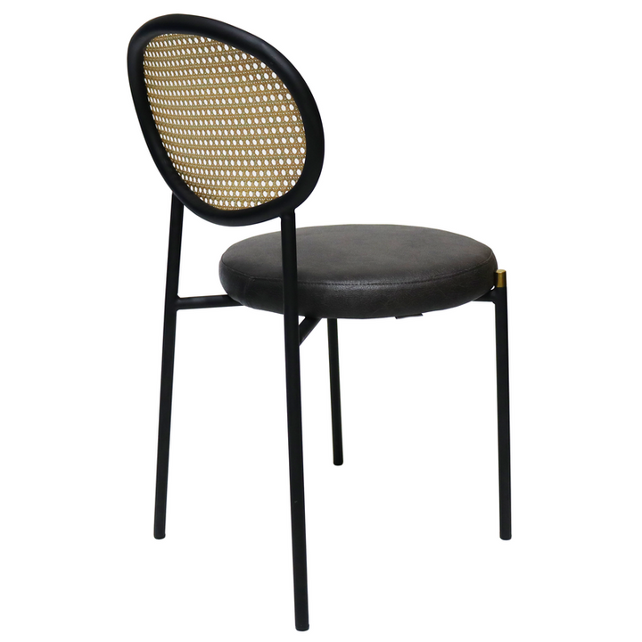 LeisureMod Euston Modern Wicker Dining Chair with Black Frame and Leather Seat in Charcoal Back Angle.