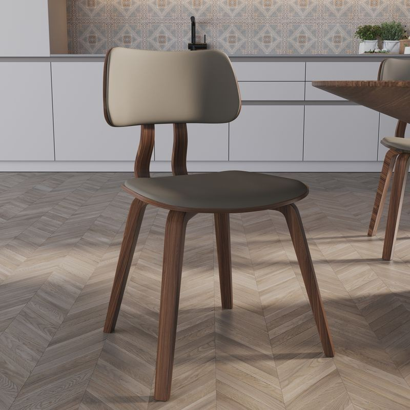 Modern Wooden Dining Chair with Walnut Color Frame in Light Grey in the Clivo Collection with Background.