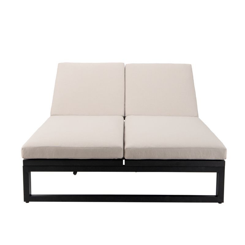 LeisureMod Chelsea Convertible Lounge Reclining Double Chaise with Cushions Beige Front View.