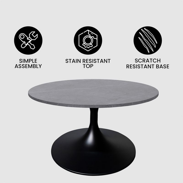 LeisureMod Verve Coffee Table Black Base with 27" Round Grey Sintered Stone Top Details.