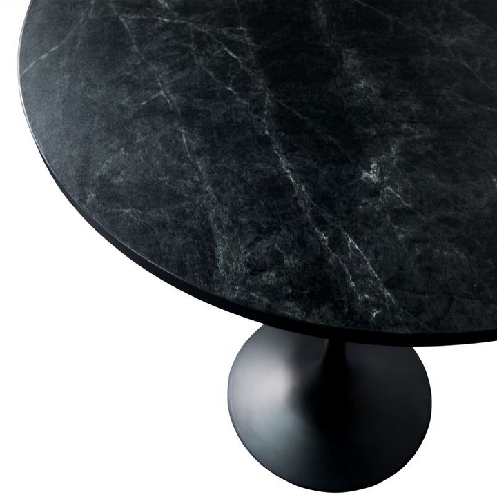 LeisureMod Verve Collection Modern Bar Height Table Black Base with 27" Round Black Marbleized MDF Top Closeup.
