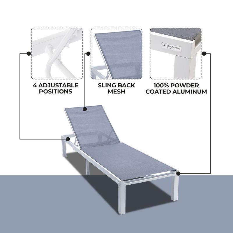 LeisureMod Marlin Patio Chaise Lounge Chair with White Aluminum Frame Dark Grey Details.