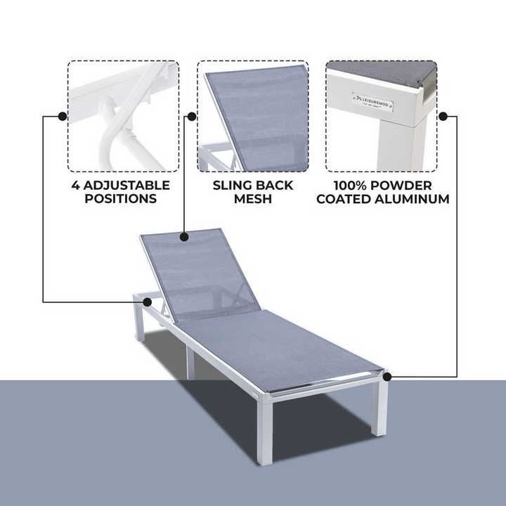 LeisureMod Marlin Patio Chaise Lounge Chair with White Aluminum Frame Dark Grey Details.