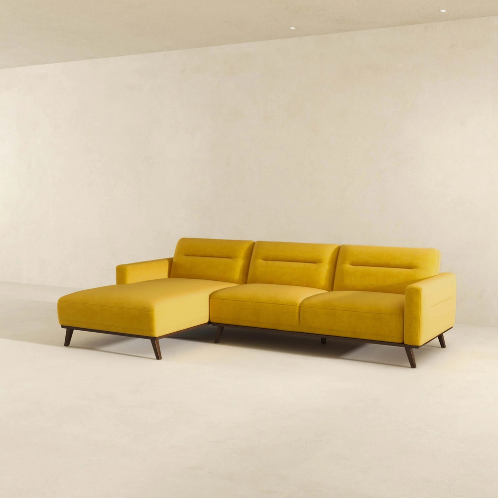 Ella L-Shaped Dark Yellow Linen Left Sectional Couch Photo.