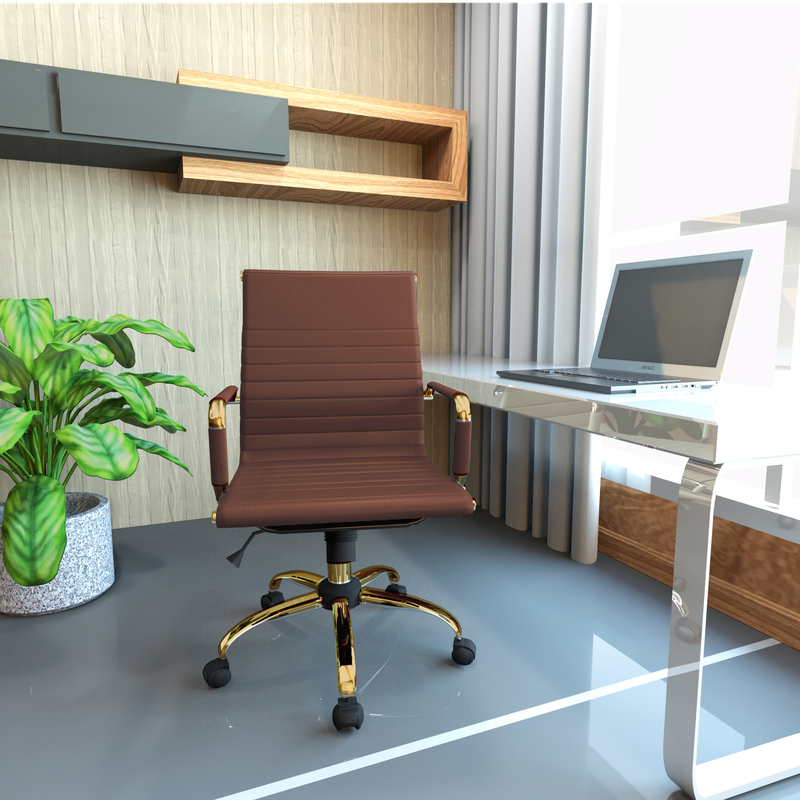 LeisureMod Harris Office Chair with Gold Frame Dark Brown at Desk.