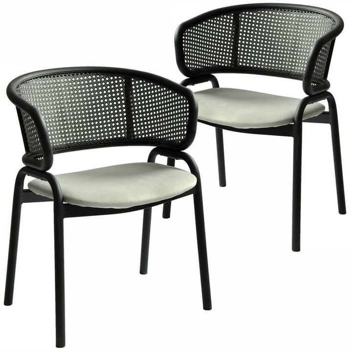 LeisureMod Ervilla Dining Armchair in Black Steel Frame with Black Wicker Back and Grey Seat Set of 2