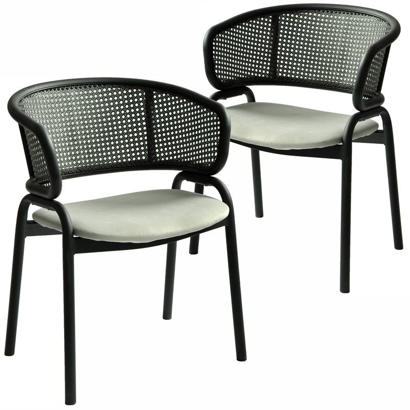 LeisureMod Ervilla Dining Armchair in Black Steel Frame with Black Wicker Back and Grey Seat Set of 2