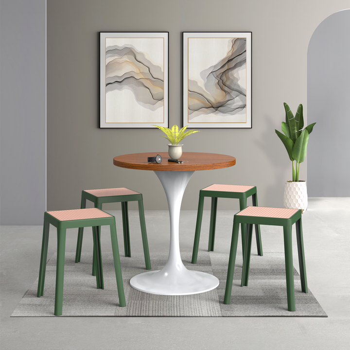 LeisureMod Tresse Series Stackable Poly Stool with Wicker Top 12 in Green at Table.