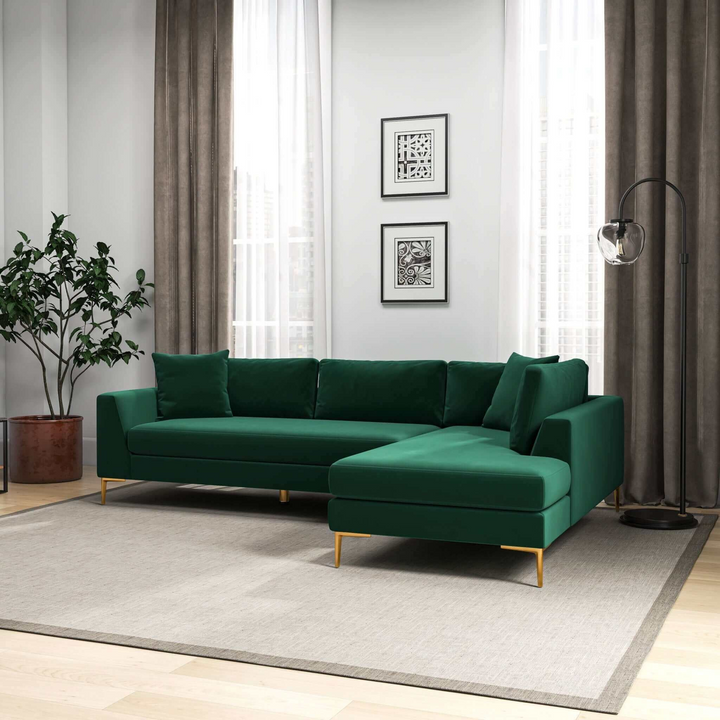 Mano L-Shaped Velvet Sectional Sofa in Green Right Facing Left Angle Photo