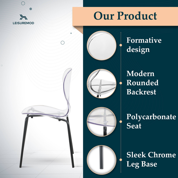 LeisureMod Modern Oyster Transparent Side Chair in Black Base set of 2 Clear Description.