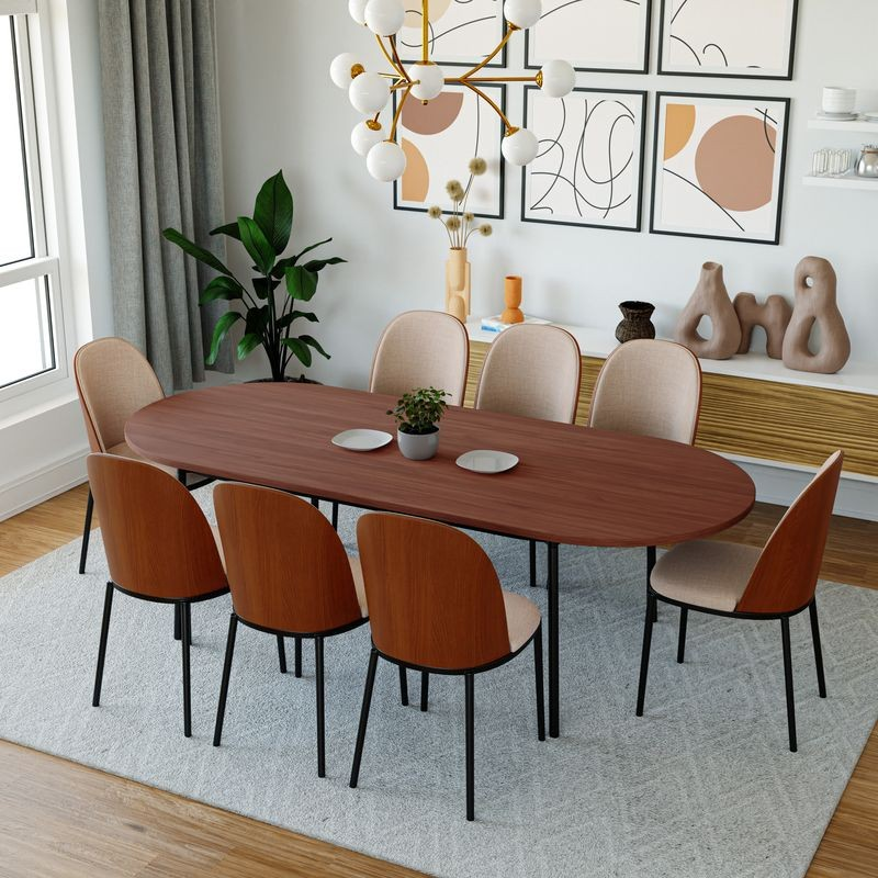 LeisureMod Tule 9-Piece Dining Set in Steel Frame with 8 Upholstered Seat Dining Chairs and 83" Oval Dining Table with MDF Tabletop Walnut/Light Brown in Dining Room.