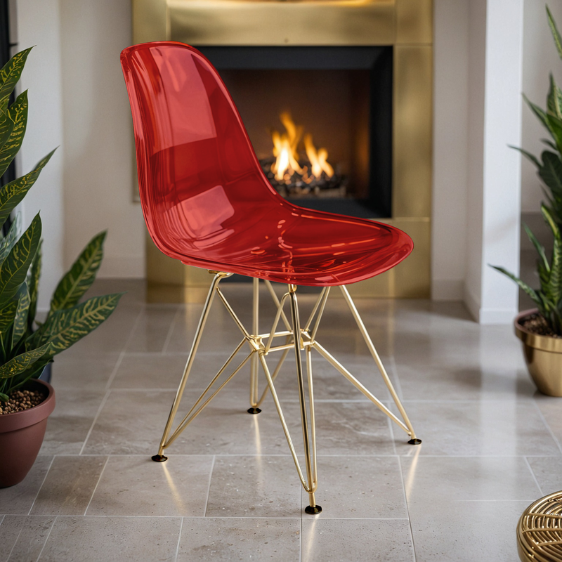 LeisureMod Cresco Molded Eiffel Side Chair with Gold Base Transparent Red with Background.