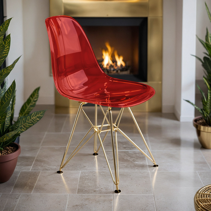 LeisureMod Cresco Molded Eiffel Side Chair with Gold Base Transparent Red with Background.