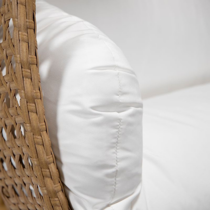 LeisureMod Mendoza Light Brown Wicker Hanging 2 Person Egg Swing Chair White Closeup.