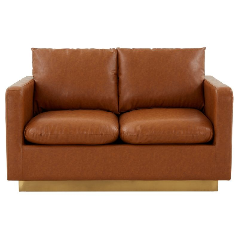 LeisureMod Nervo Modern Mid-Century Upholstered Faux Leather Loveseat with Gold Frame Cognac Tan Front View.