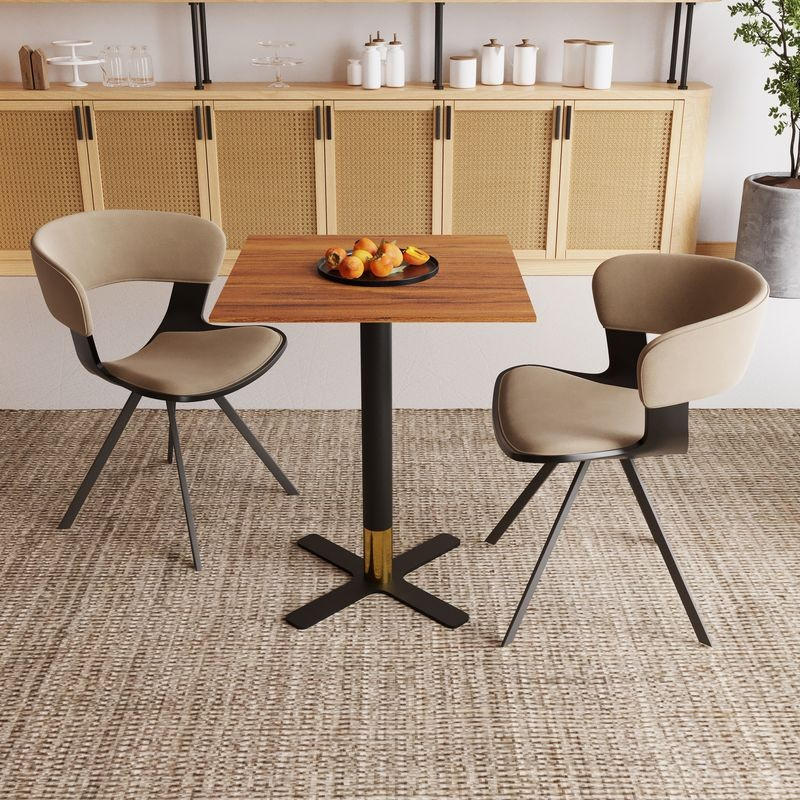 LeisureMod Vail Collection Dining Table Black/Gold X Base With 24" Square Cognac Brown MDF Top in Room.