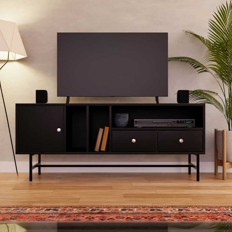 LeisureMod Rochester Modern Rectangular TV Stand with Enclosed Storage and Powder Coated Iron Legs Ebony Front View.