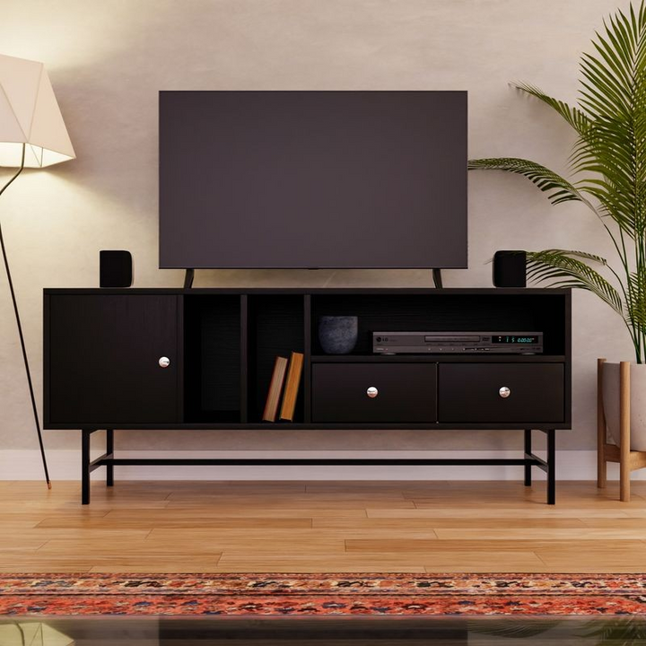 LeisureMod Rochester Modern Rectangular TV Stand with Enclosed Storage and Powder Coated Iron Legs Ebony Front View.