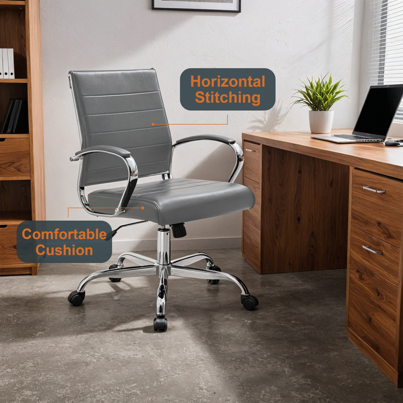 LeisureMod Benmar Leather Office Chair Grey at Desk.