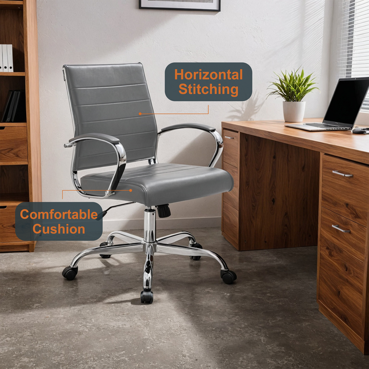 LeisureMod Benmar Leather Office Chair Grey at Desk.